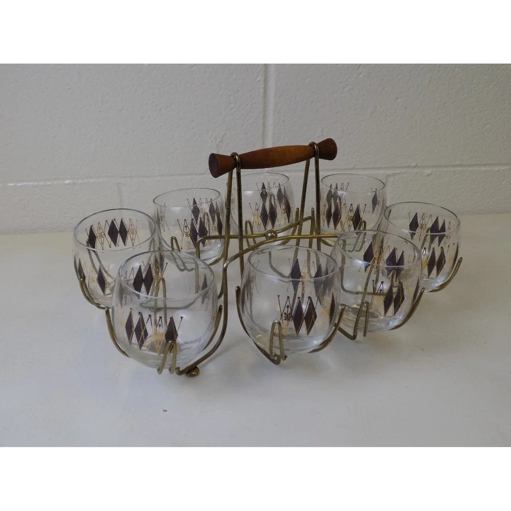 Federal Glass Harlequin Roly Poly Glasses Caddy Set MCM Atomic Barware 9 Pc